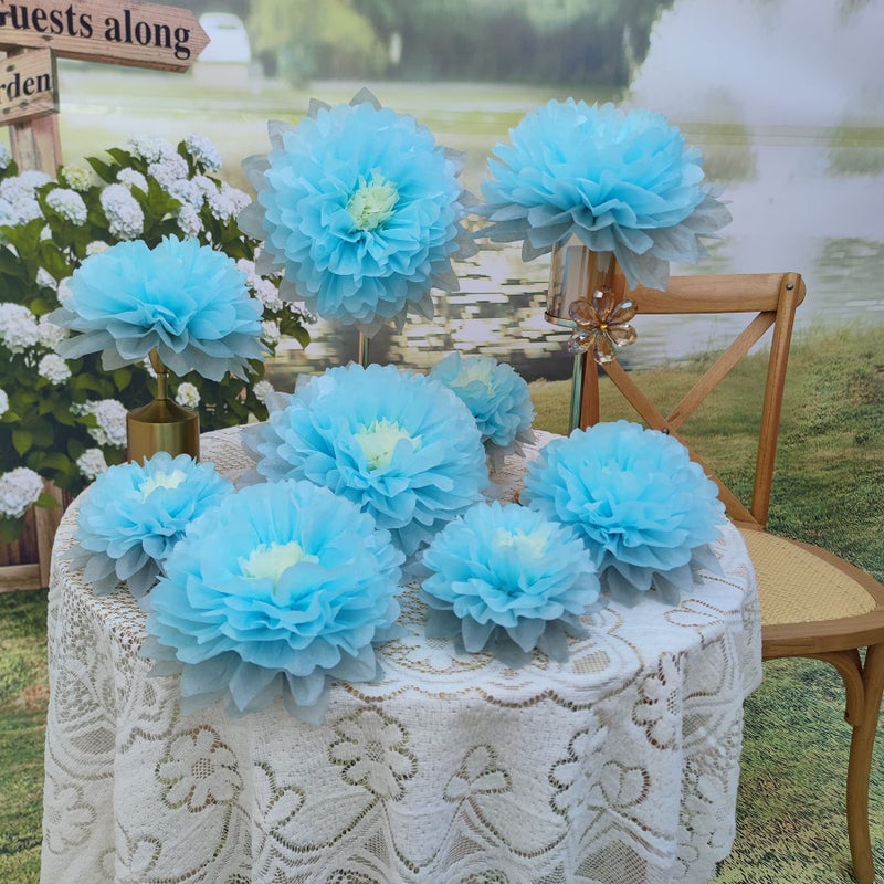 Mybbshower 9pcs Mixed 7'' 9'' 11'' Blue Tissue Paper Pom Poms Flower for It's A Boy Baby Shower Birthday Nursery Room Decorations - Image 5